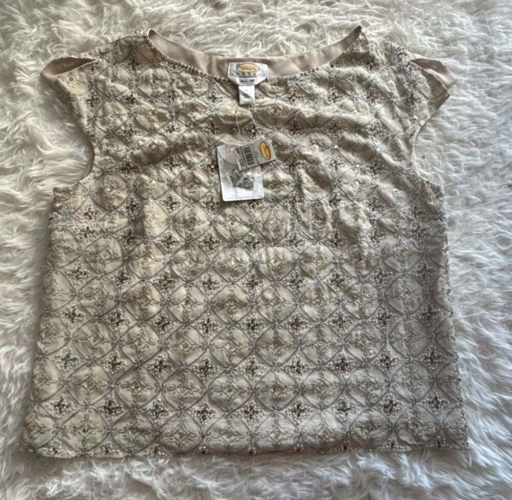 Talbots Petites Ivory Pure Silk Beaded Embellished Cap Sleeve Blouse Size 10P
